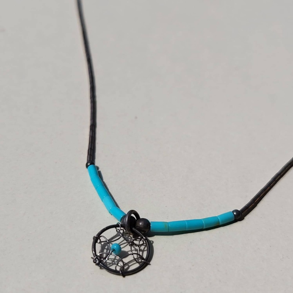 Vintage 925 Sterling Silver Turquoise Liquid Silver Dreamcatcher Necklace Blue
